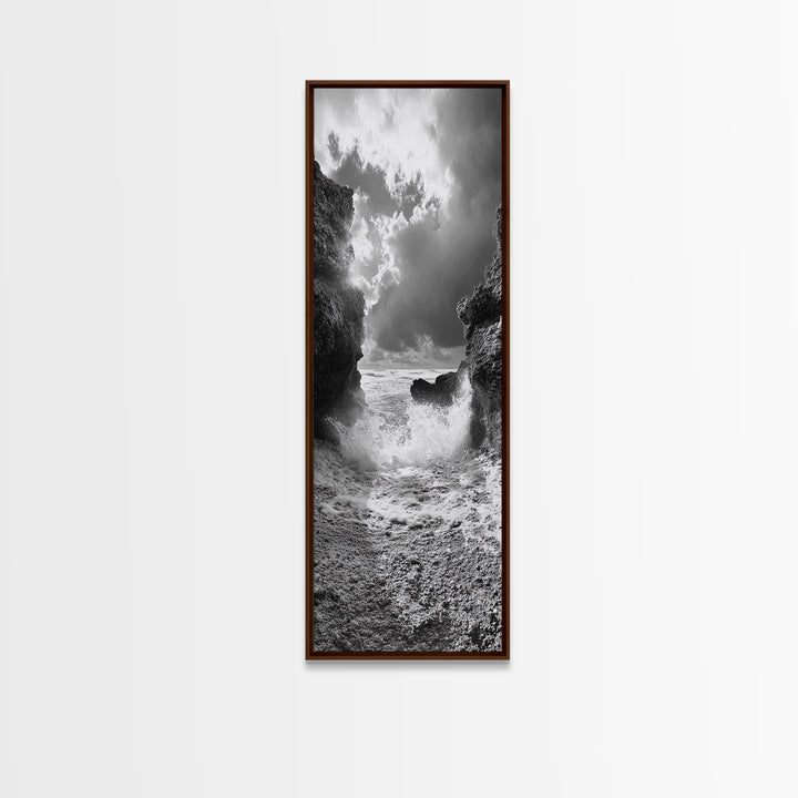 Wave Crash Rocks, Ocean Drama Scene, Moody Beach Photography, Coastal Kitchen Decor, Framed Canvas Print, Nautical Wall Art