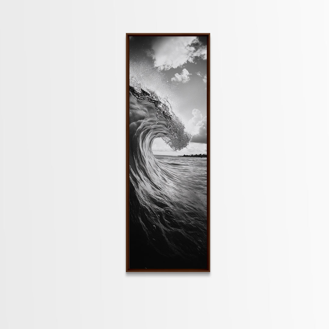 Ocean Wave Curl, Black White Surf, Modern Coastal Art, Bathroom Beach Decor, Framed Canvas Print, Minimalist Wall Style, Living Room Art
