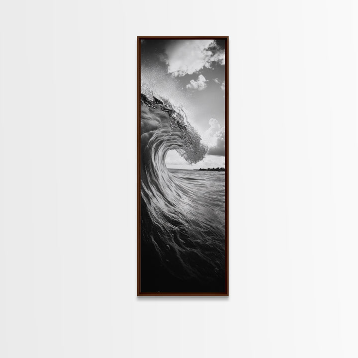 Ocean Wave Curl, Black White Surf, Modern Coastal Art, Bathroom Beach Decor, Framed Canvas Print, Minimalist Wall Style, Living Room Art