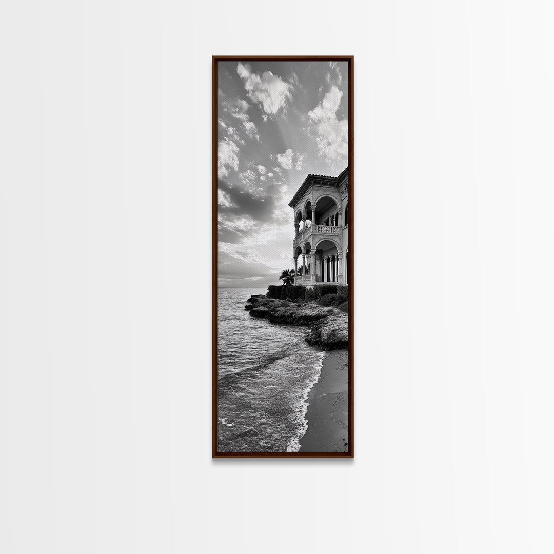 Italian Villa Coast, Seaside Architecture Print, Elegant Travel Decor, Framed Canvas Print, Dining Room Wall Art, Monochrome
