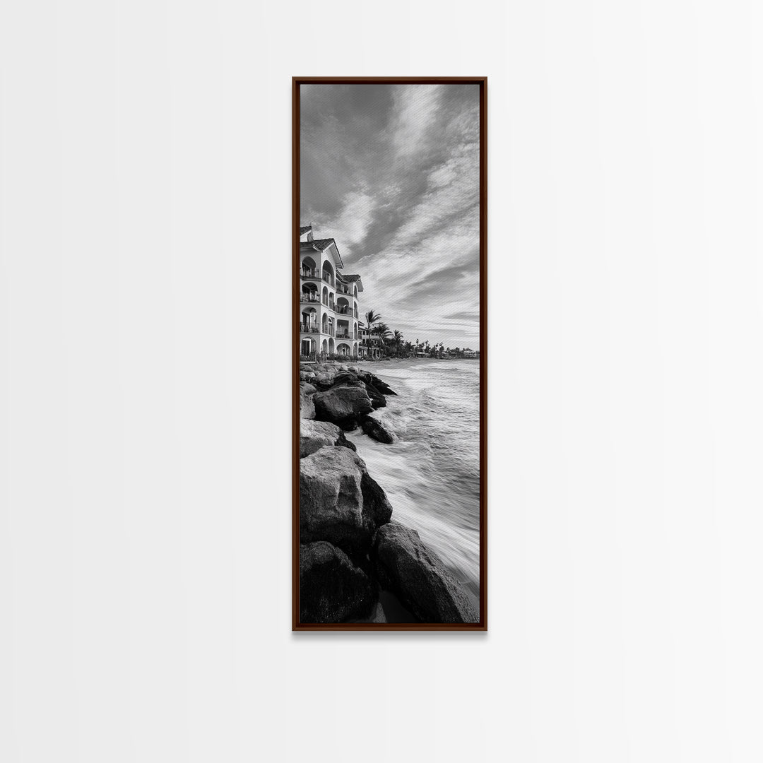 Coastal Resort Scene, Waves Rocks Hotel, Tropical Vacation Art, Beach House Wall Decor, Canvas Print, Living Room Style, Coastal Minimalist