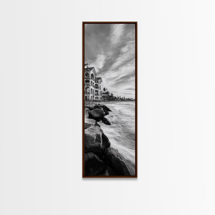 Coastal Resort Scene, Waves Rocks Hotel, Tropical Vacation Art, Beach House Wall Decor, Canvas Print, Living Room Style, Coastal Minimalist