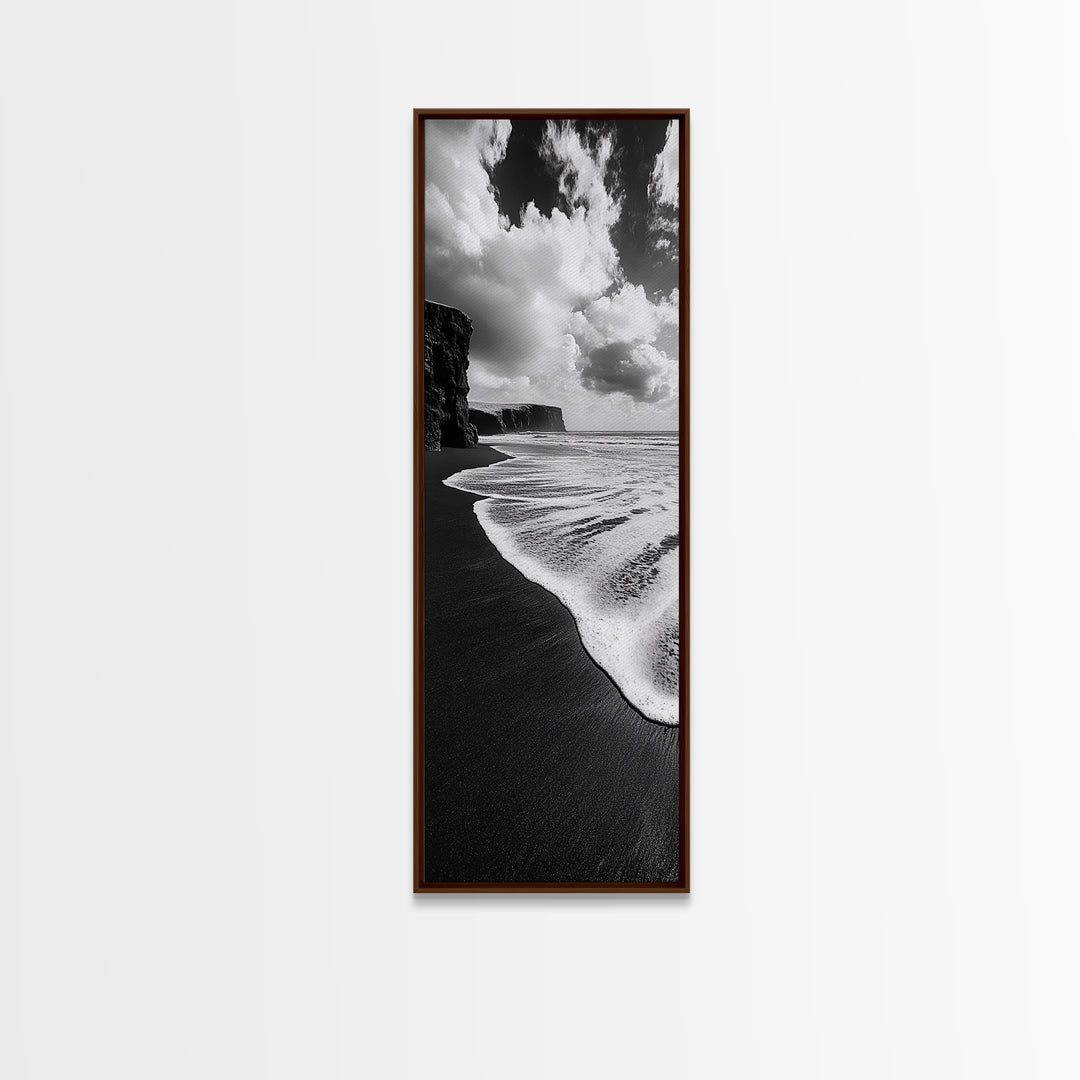 Shoreline Edge, Ocean Waves, Coastal Horizon, Framed Canvas Print, Black and White Beach Art, Bathroom Art, Entryway Wall Decor