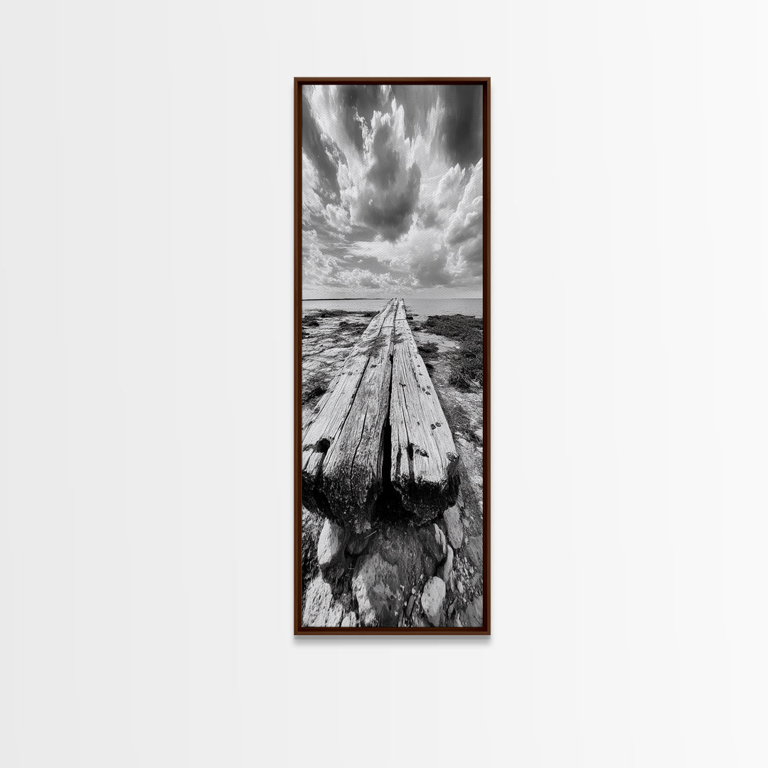Weathered Pier End, Dramatic Ocean View, Minimalist Coastal Landscape, Canvas Print, Living Room Fall Wall Art, Rustic Decor