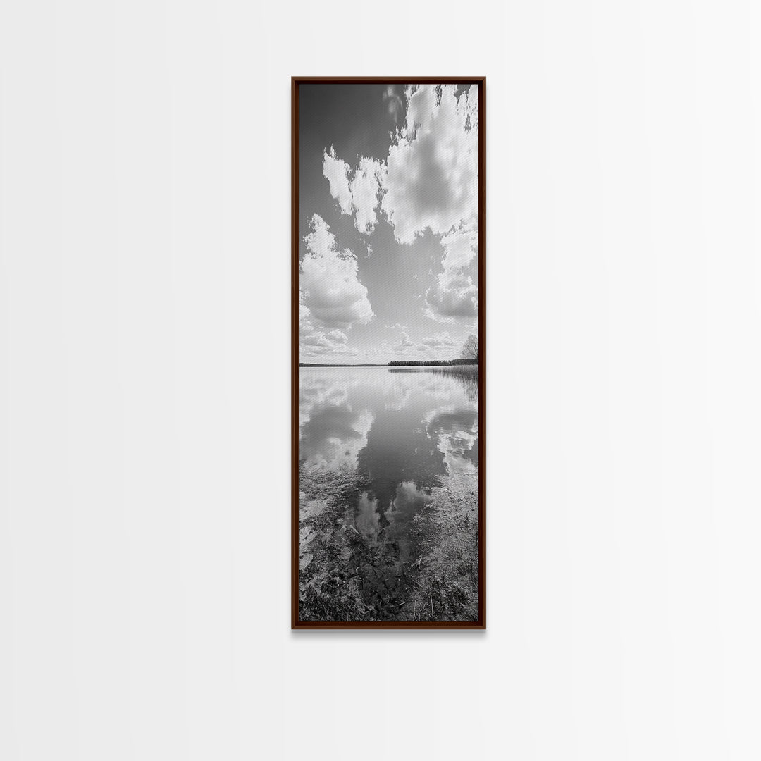 Lake Reflection, Calm Waters, Cloudy Sky, Minimalist Landscape, Framed Canvas Print, Neutral Living Room Art, Tranquil Nature Scene