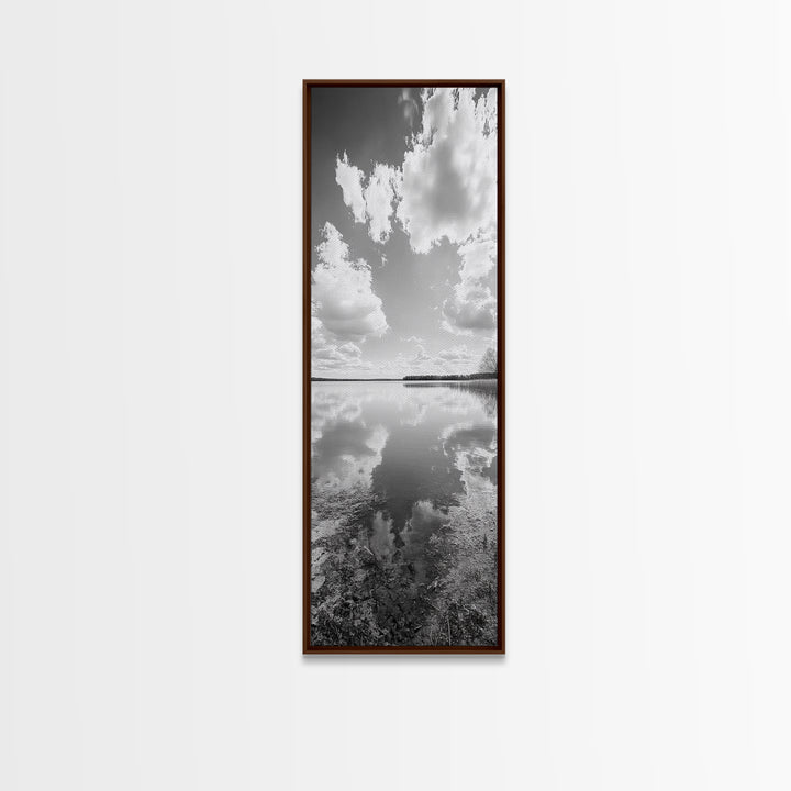 Lake Reflection, Calm Waters, Cloudy Sky, Minimalist Landscape, Framed Canvas Print, Neutral Living Room Art, Tranquil Nature Scene
