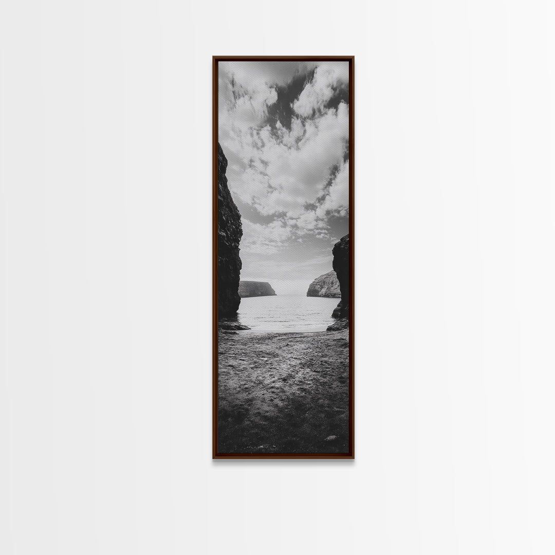 Seaside Cliffs, Ocean Gateway, Tranquil Cove, Framed Canvas Print, Nautical Wall Art, Modern Coastal Decor, Neutral Beach Style