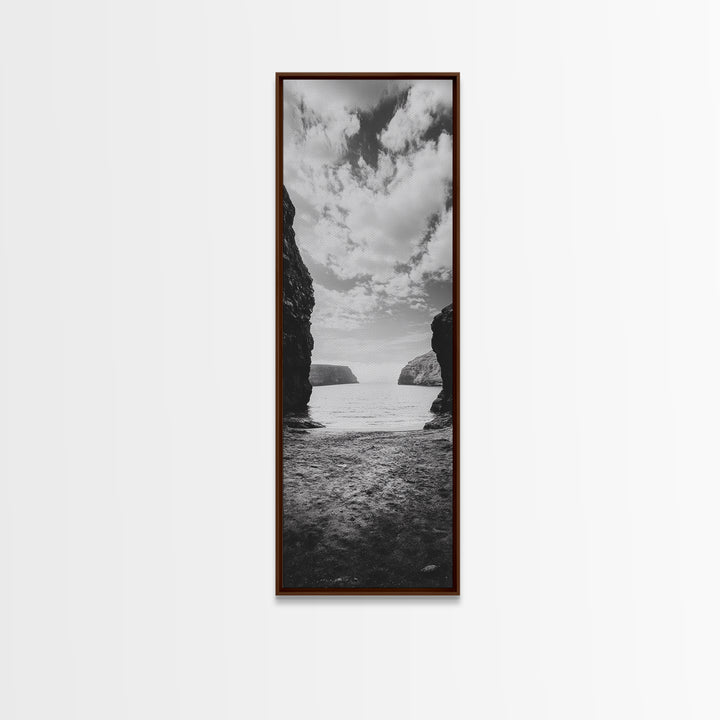 Seaside Cliffs, Ocean Gateway, Tranquil Cove, Framed Canvas Print, Nautical Wall Art, Modern Coastal Decor, Neutral Beach Style