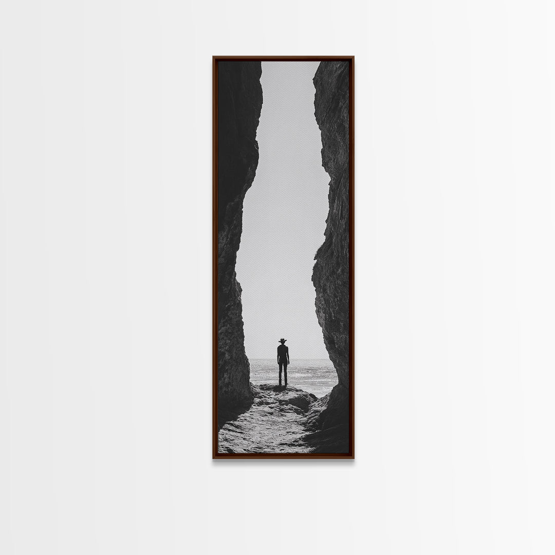Lone Cowboy, Cliff View, Western Vibes, Silhouette Minimalist, Framed Canvas Print, Farmhouse Wall Art, Masculine Desert Decor
