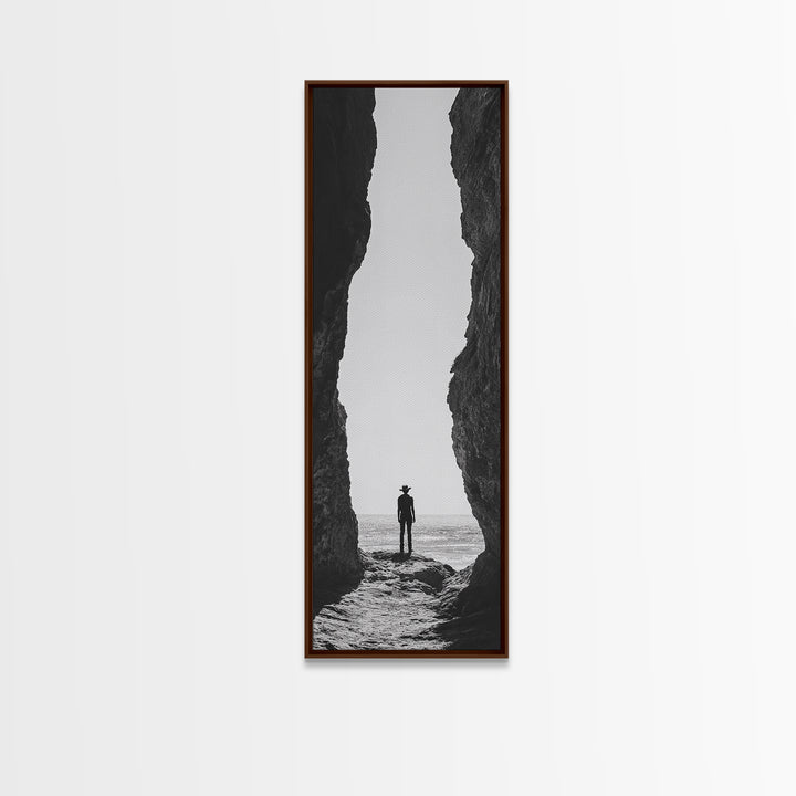 Lone Cowboy, Cliff View, Western Vibes, Silhouette Minimalist, Framed Canvas Print, Farmhouse Wall Art, Masculine Desert Decor
