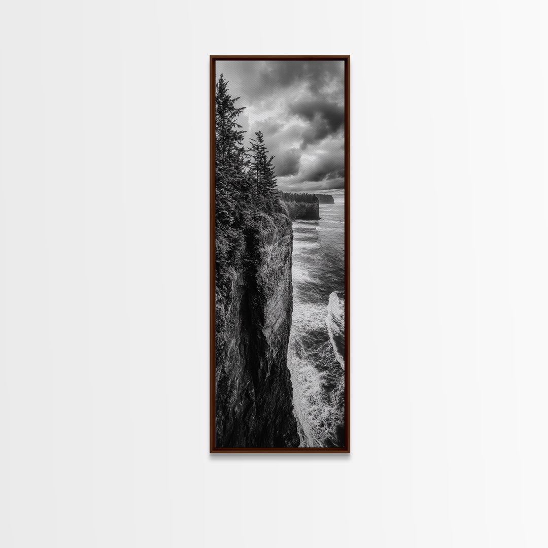 Cliff Coastline, Moody Ocean, Pine Trees, Dramatic Nature Scene, Canvas Print, Cabin Wall Art, Fall Coastal Photography, Rustic Decor