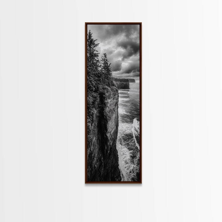 Cliff Coastline, Moody Ocean, Pine Trees, Dramatic Nature Scene, Canvas Print, Cabin Wall Art, Fall Coastal Photography, Rustic Decor