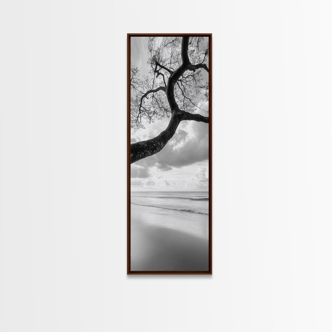 Ocean Tree View, Beach Horizon, Minimal Branches, Framed Canvas Print, Coastal Living Room Art, Neutral Decor, Zen Nature Photography