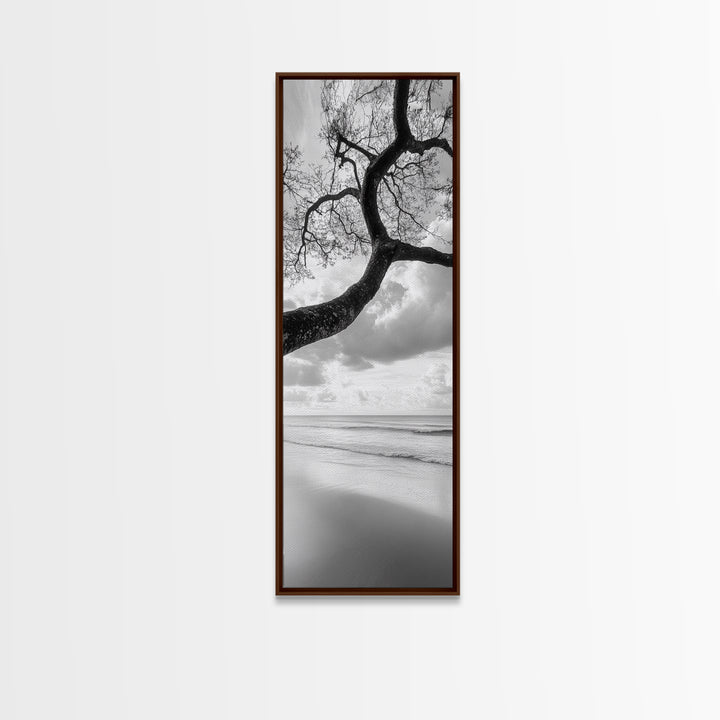 Ocean Tree View, Beach Horizon, Minimal Branches, Framed Canvas Print, Coastal Living Room Art, Neutral Decor, Zen Nature Photography