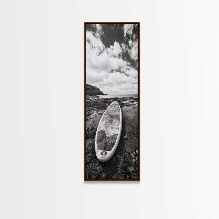Surfboard Still, Rocky Shore, Beach Vibes, Framed Canvas Print, Coastal Bathroom Wall Art, Minimalist Beach Decor, Summer Style
