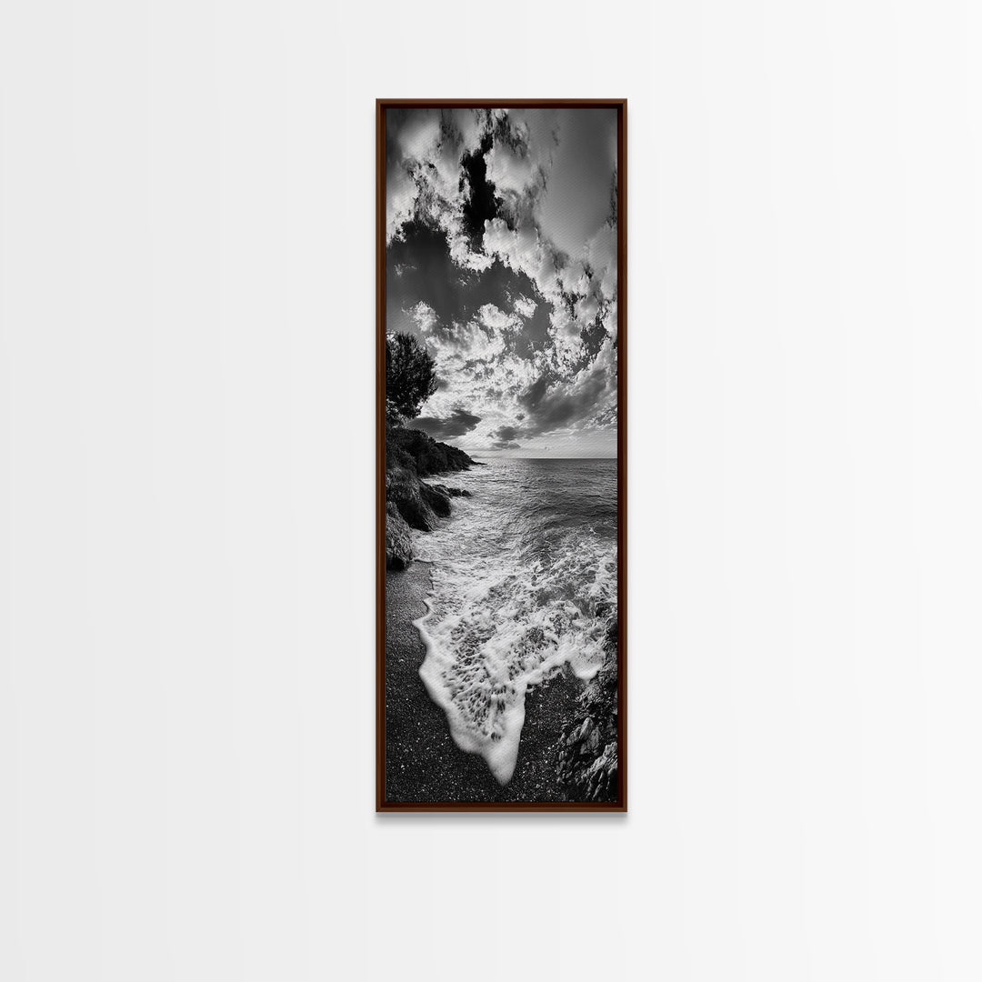 Rocky Coastline, Ocean Foam, Sunset Glow, Framed Canvas Print, Nautical Wall Art, Beach House Decor, Moody Seascape Photography