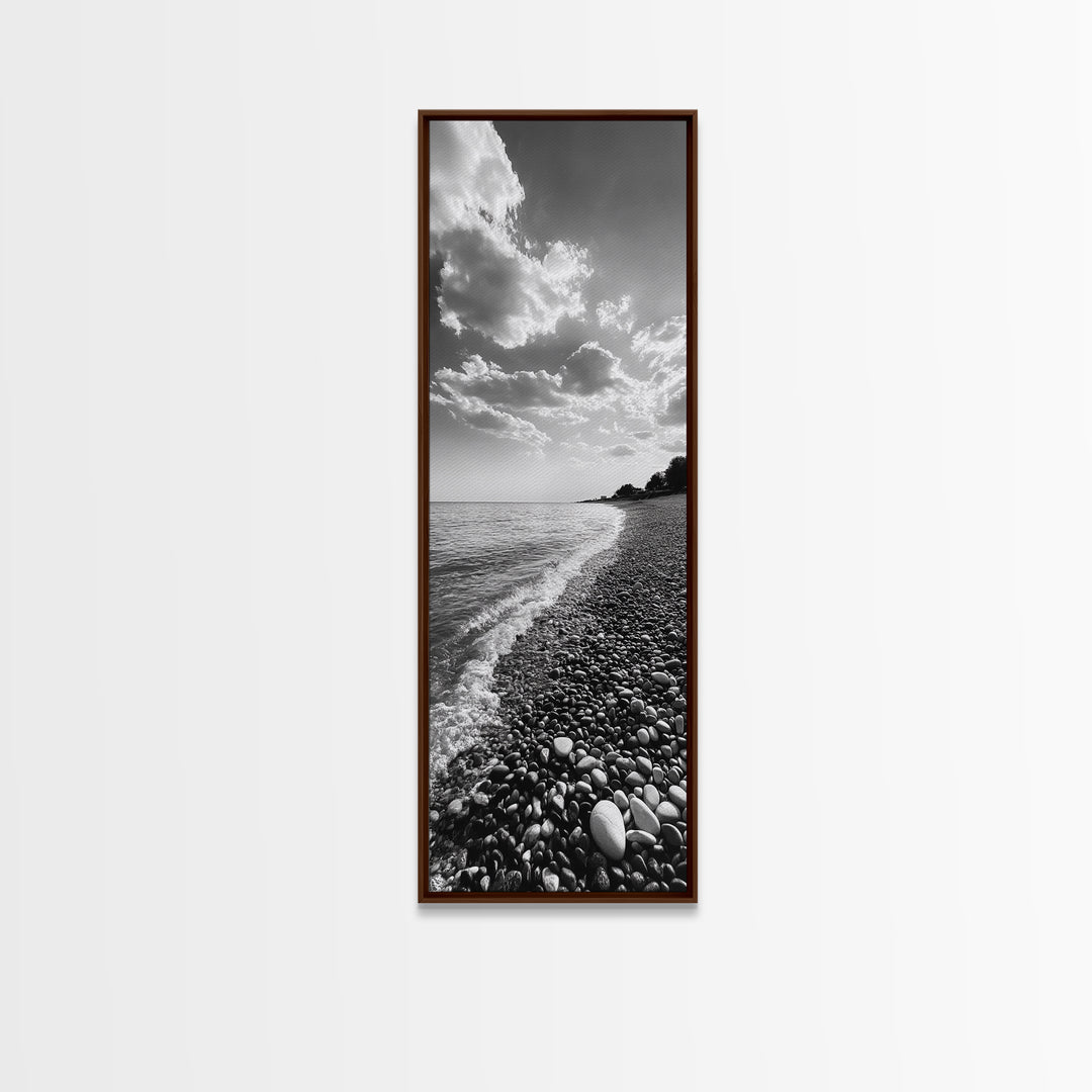 Pebble Beach, Gentle Waves, Coastal Calm, Framed Canvas Print, Minimalist Bathroom Wall Art, Nature Texture Decor, Seaside Zen, Office Wall Art