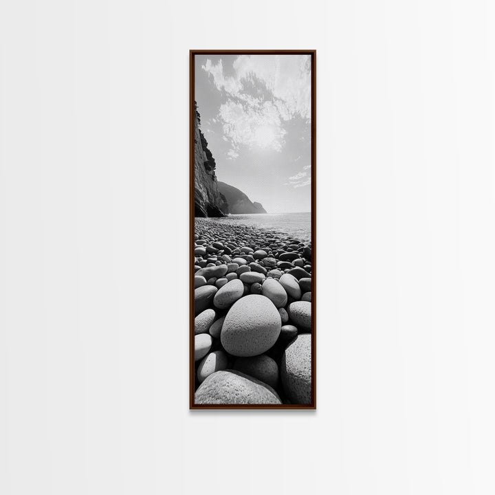 Rocky Beach View, Ocean Horizon, Sunrise Light, Framed Canvas Print, Relaxing Bedroom Wall Art, Modern Coastal Photography, Bathroom Wall Art