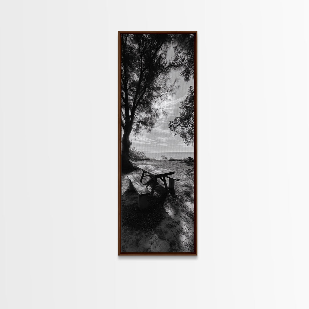 Seaside Picnic Spot, Tranquil Coastal Scene, Nature Landscape, Framed Canvas Print, Dining Room Print, Beach House Wall Art, Hallway Decor