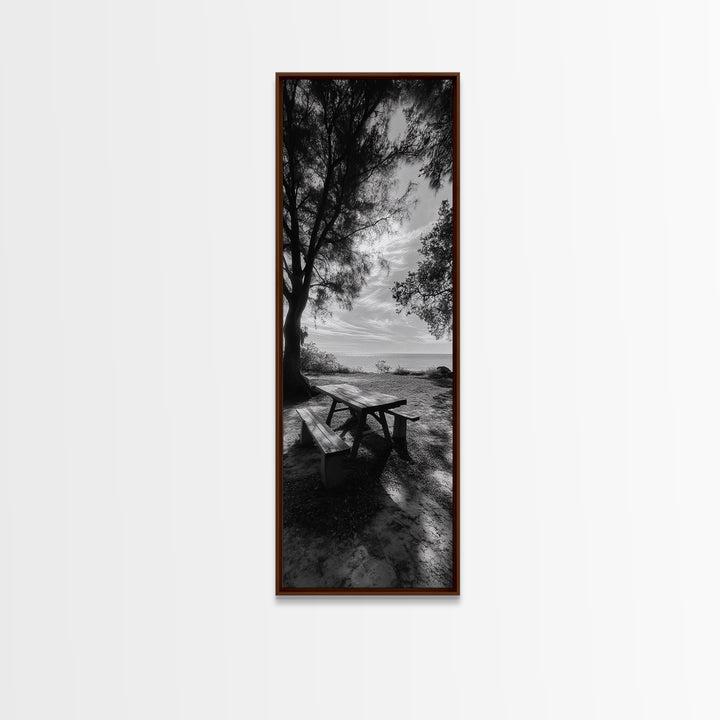Seaside Picnic Spot, Tranquil Coastal Scene, Nature Landscape, Framed Canvas Print, Dining Room Print, Beach House Wall Art, Hallway Decor
