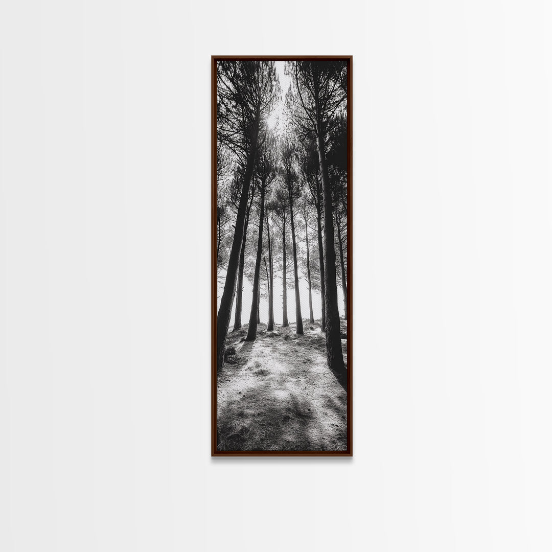 Pine Forest Glow, Woodland Landscape, Monochrome Nature, Boho Style, Framed Canvas Print, Entryway Print, Living Room Wall Art, Game Room Art