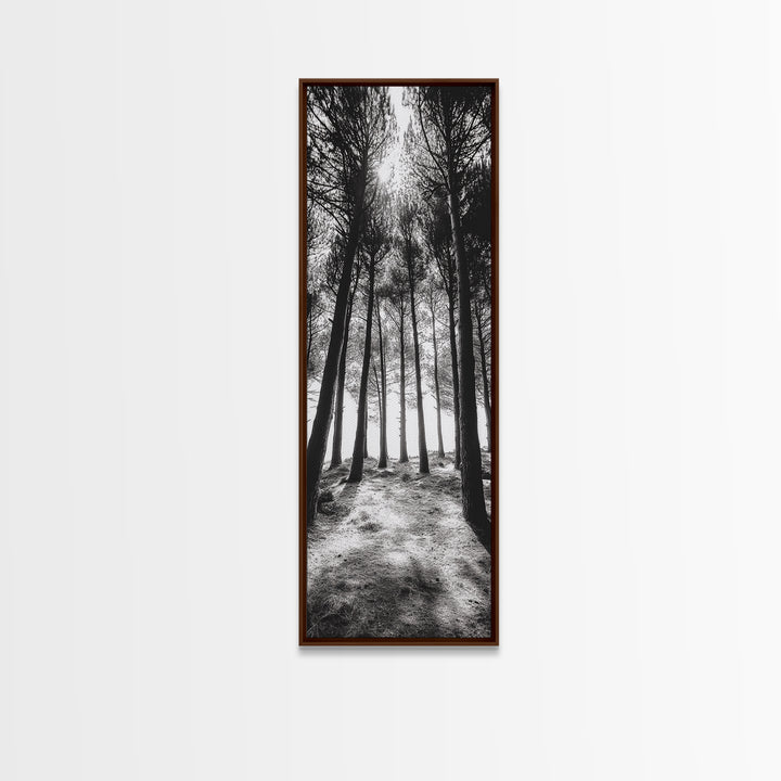 Pine Forest Glow, Woodland Landscape, Monochrome Nature, Boho Style, Framed Canvas Print, Entryway Print, Living Room Wall Art, Game Room Art