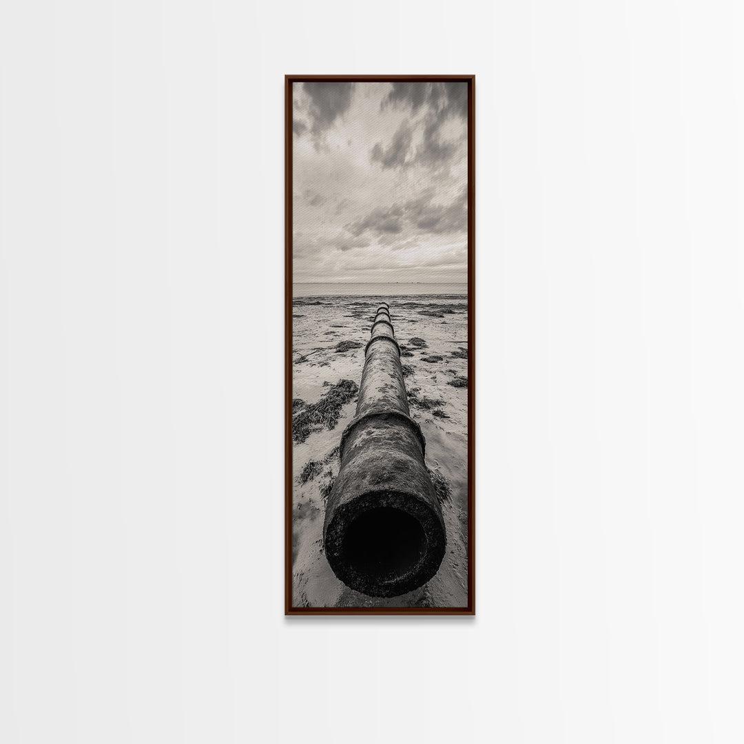 Rusted Pipe Beach, Industrial Coastal Vibe, Grunge Seascape, Framed Canvas Print, Urban Loft Art, Bathroom Wall Art, Office Wall Art