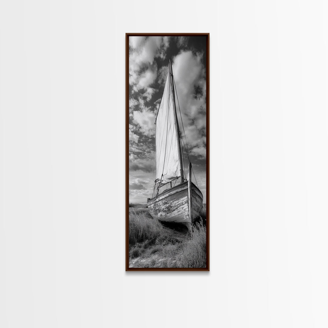 Weathered Sailboat Scene, Coastal Rustic Charm, Seafaring Wall Decor, Framed Canvas Print, Nautical Bathroom or Hallway Art, Ocean Decor
