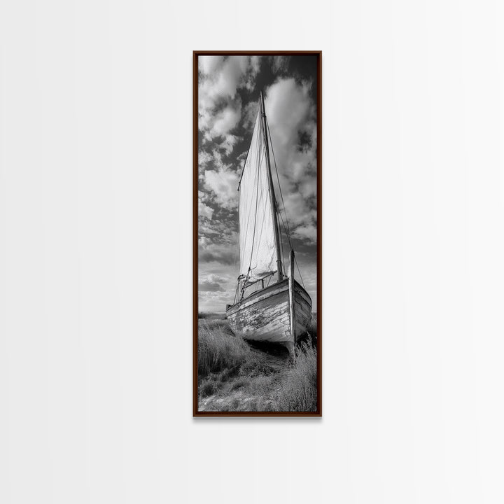 Weathered Sailboat Scene, Coastal Rustic Charm, Seafaring Wall Decor, Framed Canvas Print, Nautical Bathroom or Hallway Art, Ocean Decor
