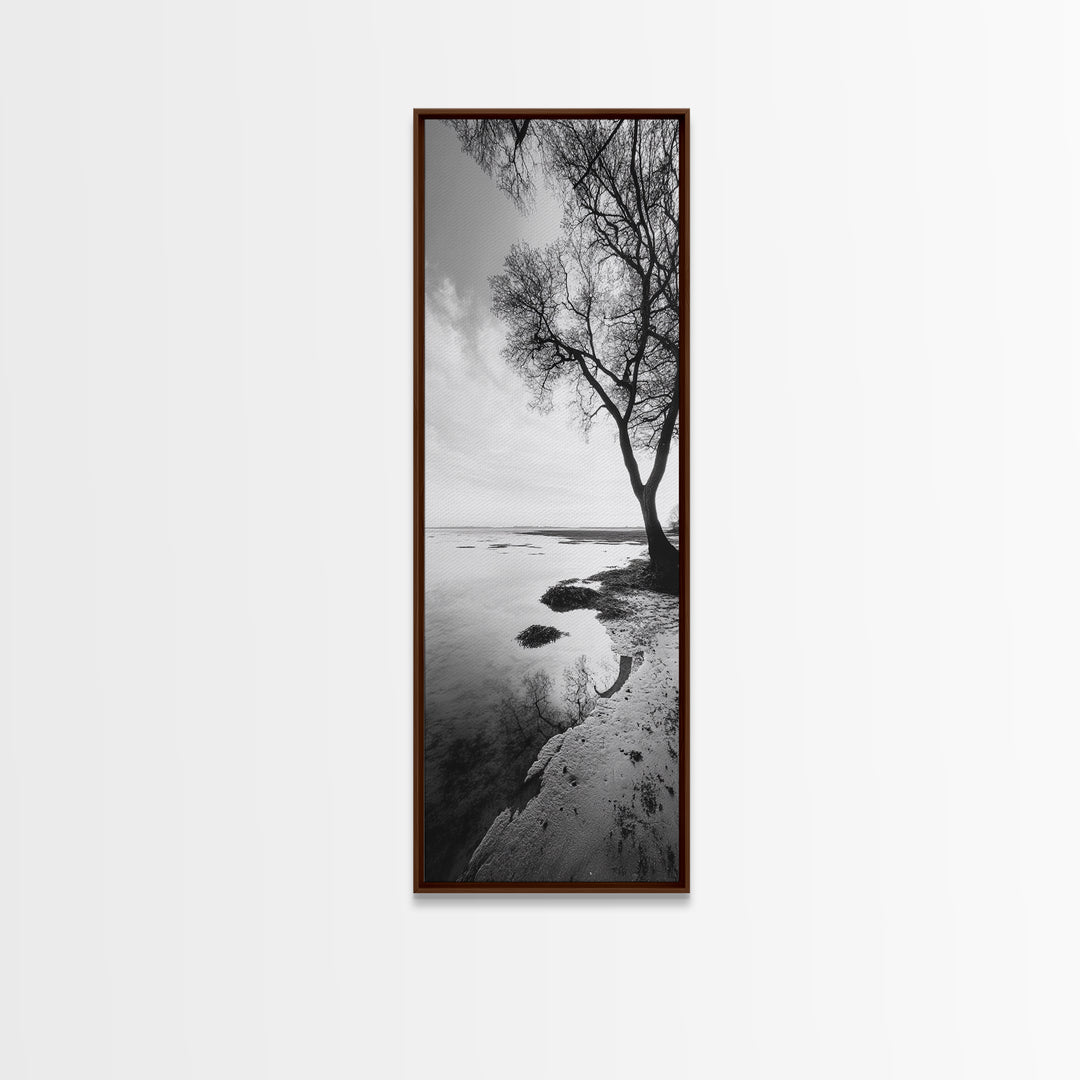 Bare Tree Reflection, Minimal Winter Shoreline, Calm Monochrome Art, Framed Canvas Print, Scandinavian Living Room Art, Bathroom Art