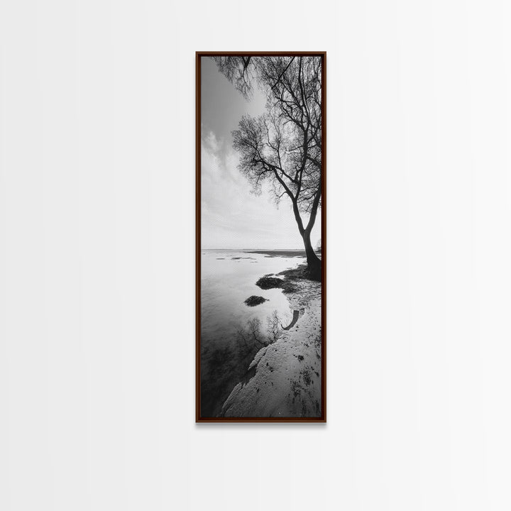 Bare Tree Reflection, Minimal Winter Shoreline, Calm Monochrome Art, Framed Canvas Print, Scandinavian Living Room Art, Bathroom Art