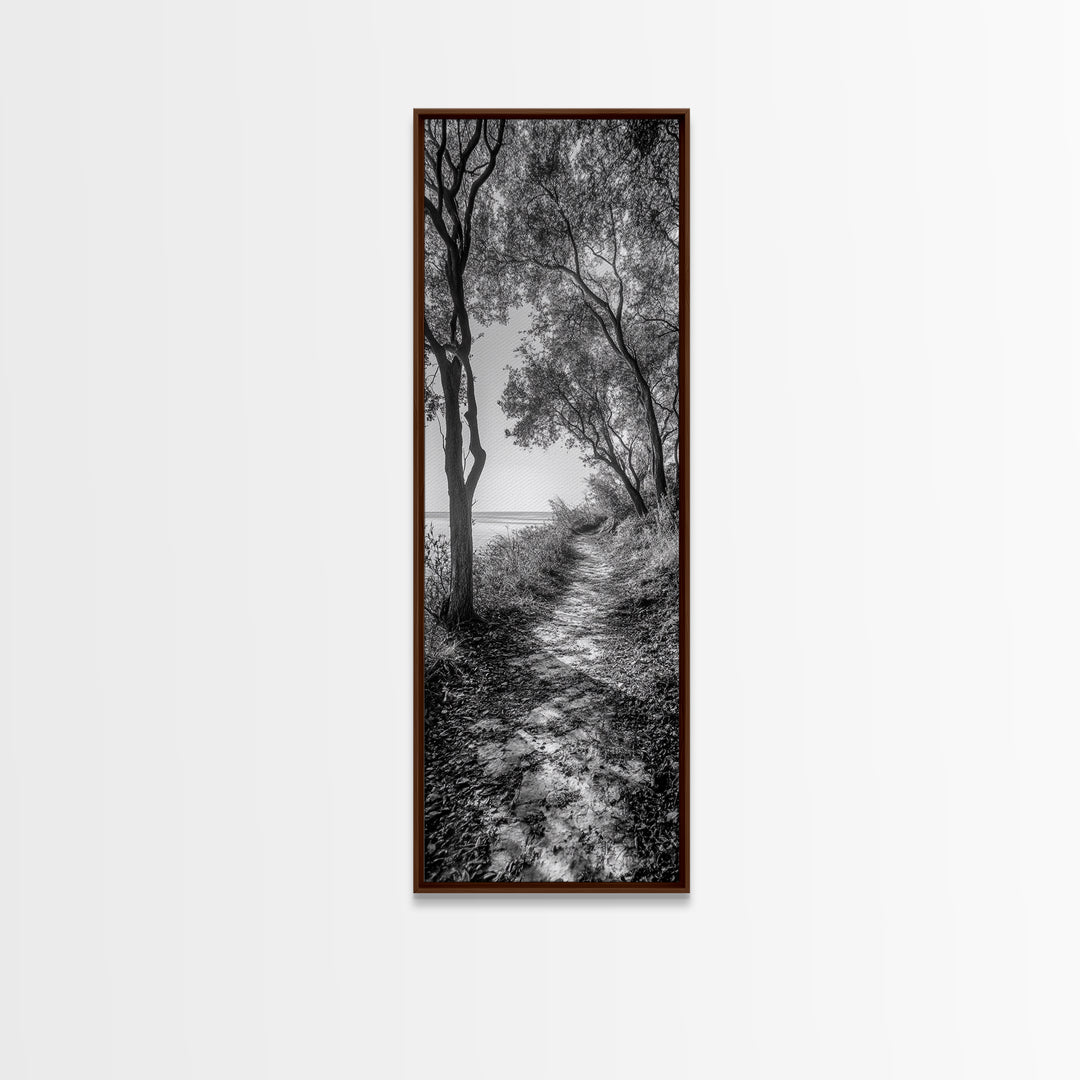 Lakeside Pathway Scene, Forest Walk Tranquility, Coastal Trail Mood, Framed Canvas Print, Nature-Lover Bedroom Wall Art, Cabin Wall Art