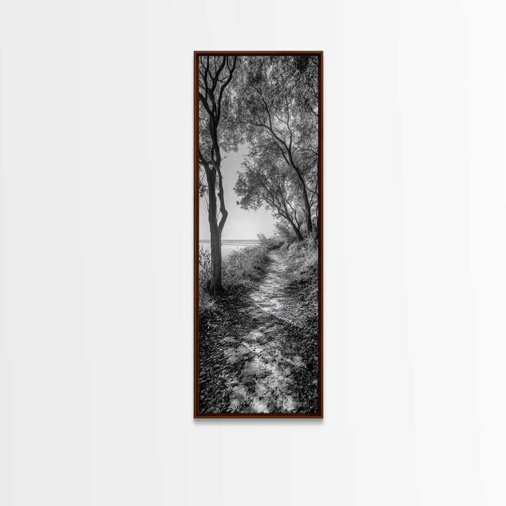 Lakeside Pathway Scene, Forest Walk Tranquility, Coastal Trail Mood, Framed Canvas Print, Nature-Lover Bedroom Wall Art, Cabin Wall Art