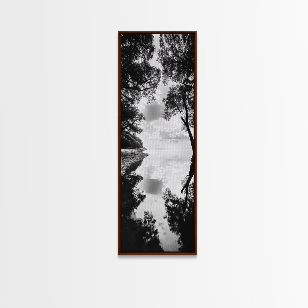 Misty Lake, Nature Reflection, Tranquil Waters, Monochrome Trees, Framed Canvas Print, Minimalist Wall Art, Bathroom or Hallway Decor