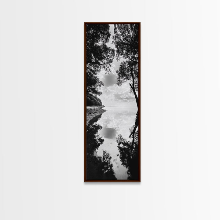 Misty Lake, Nature Reflection, Tranquil Waters, Monochrome Trees, Framed Canvas Print, Minimalist Wall Art, Bathroom or Hallway Decor