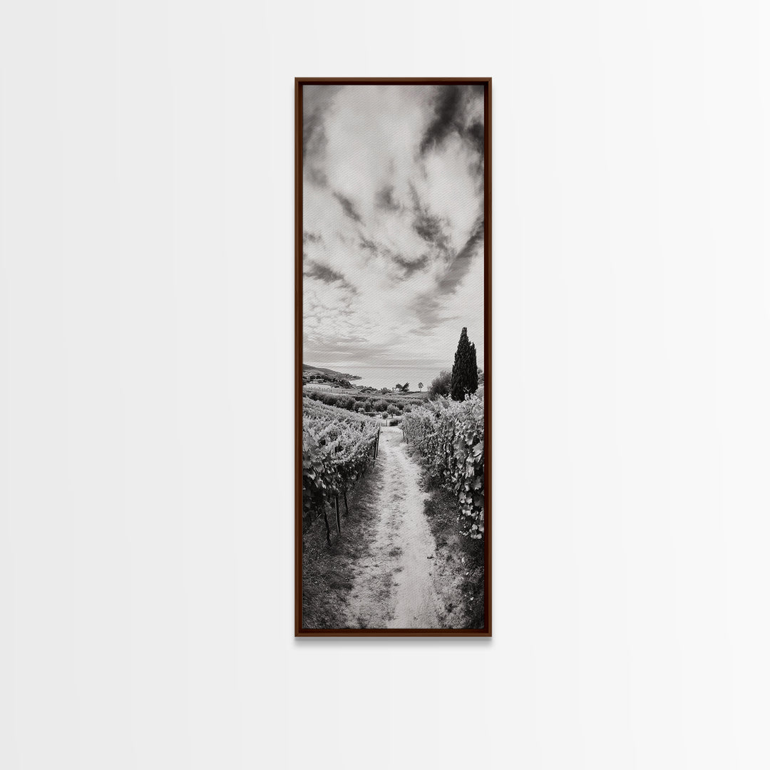 Vineyard Pathway, Scenic Hills, Countryside View, Rustic Charm, Framed Canvas Print, Farmhouse Kitchen Wall Art, Autumn Decor