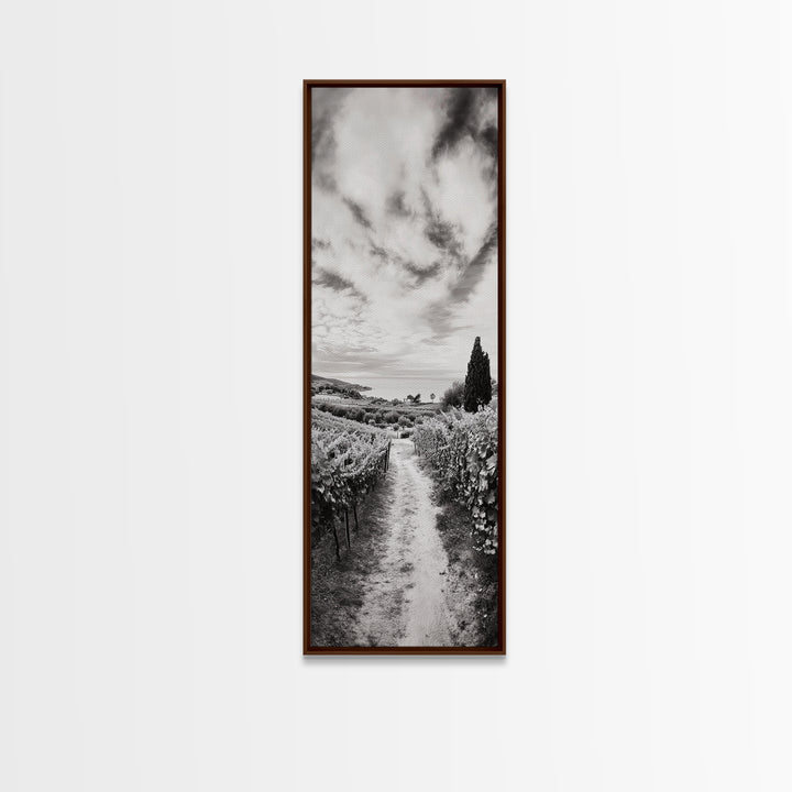 Vineyard Pathway, Scenic Hills, Countryside View, Rustic Charm, Framed Canvas Print, Farmhouse Kitchen Wall Art, Autumn Decor