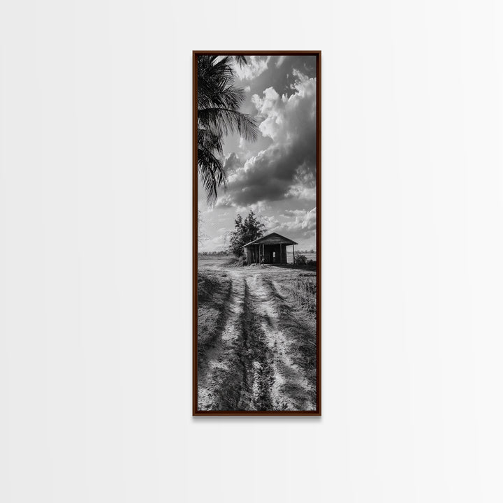 Rustic Cabin, Countryside Road, Farm Field, Palm Trees, Framed Canvas Print, Farmhouse Entryway Wall Art, Fall Landscape,  Den Wall Art