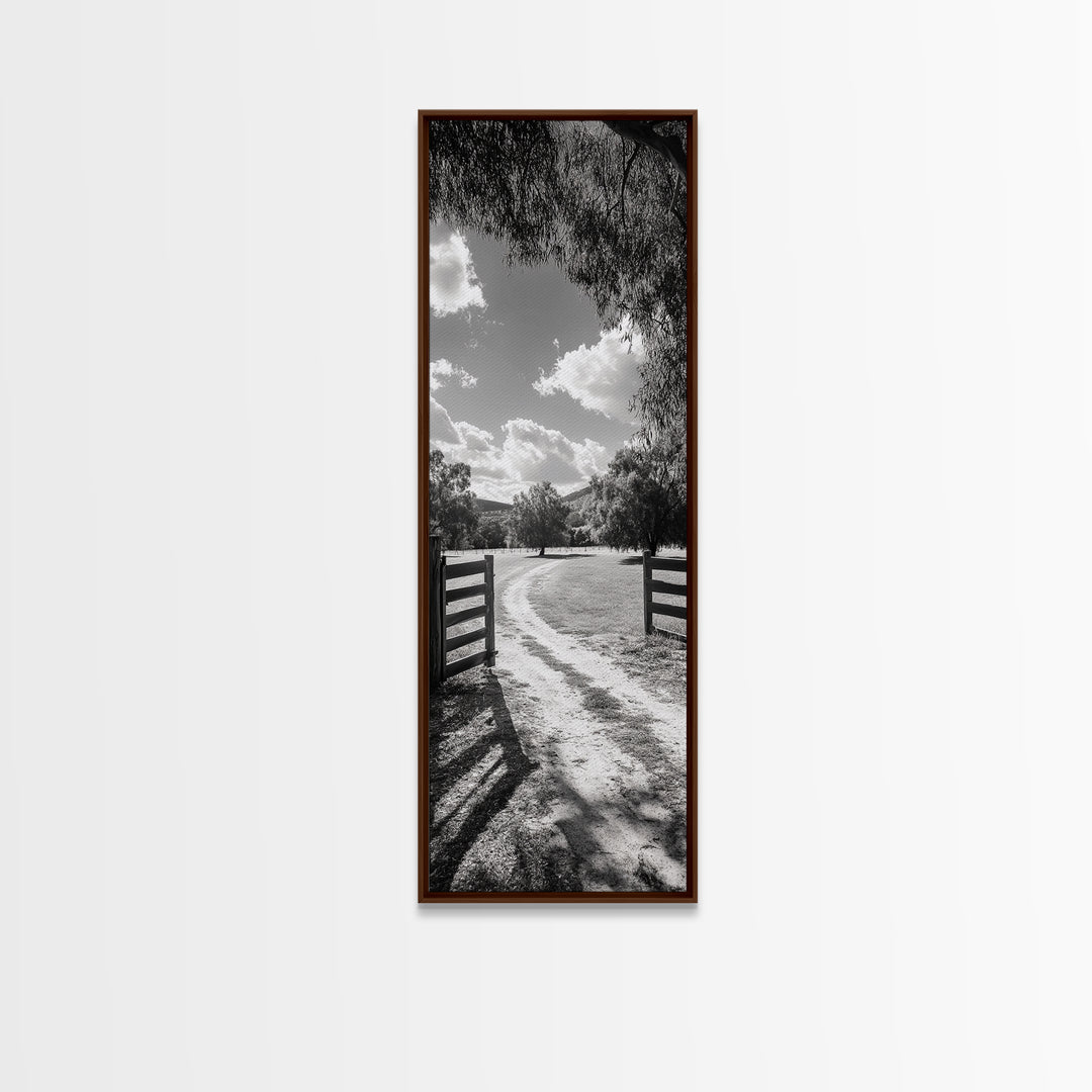 Country Road, Wooden Fence, Open Fields, Tree Shadows, Canvas Print, Rustic Farm Wall Art, Minimalist Nature Photography, Entryway Home Decor