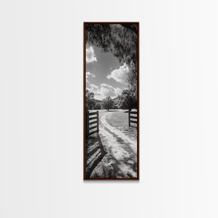 Country Road, Wooden Fence, Open Fields, Tree Shadows, Canvas Print, Rustic Farm Wall Art, Minimalist Nature Photography, Entryway Home Decor