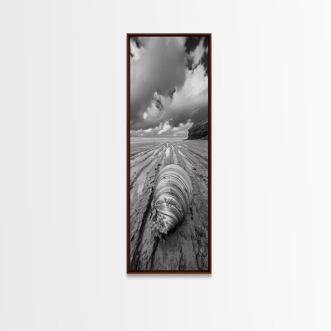 Ocean Clam, Moody Beach, Tidal Lines, Coastal Detail, Canvas Print, Nautical Bathroom Wall Art, Black and White Ocean Decor,  Den Wall Piece
