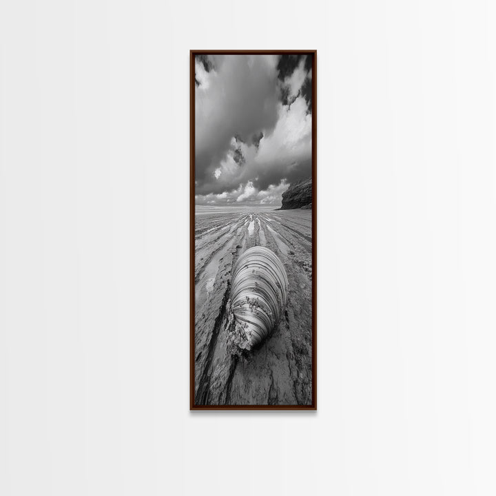 Ocean Clam, Moody Beach, Tidal Lines, Coastal Detail, Canvas Print, Nautical Bathroom Wall Art, Black and White Ocean Decor,  Den Wall Piece