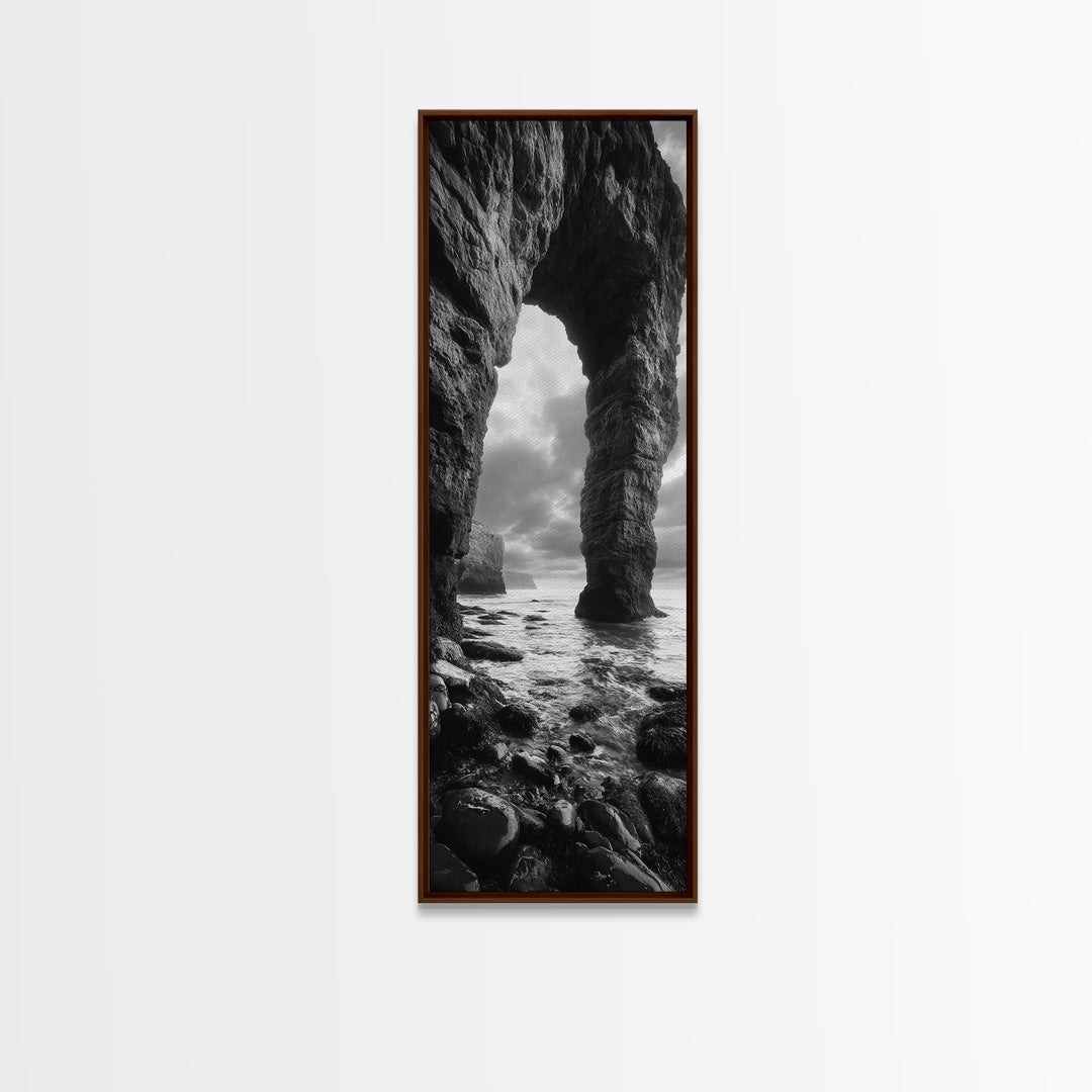 Sea Arch, Coastal Rocks, Ocean Waves, Dramatic Sky, Framed Canvas Print, Coastal Wall Art, Minimalist Beach House Decor, Bedroom Artwork