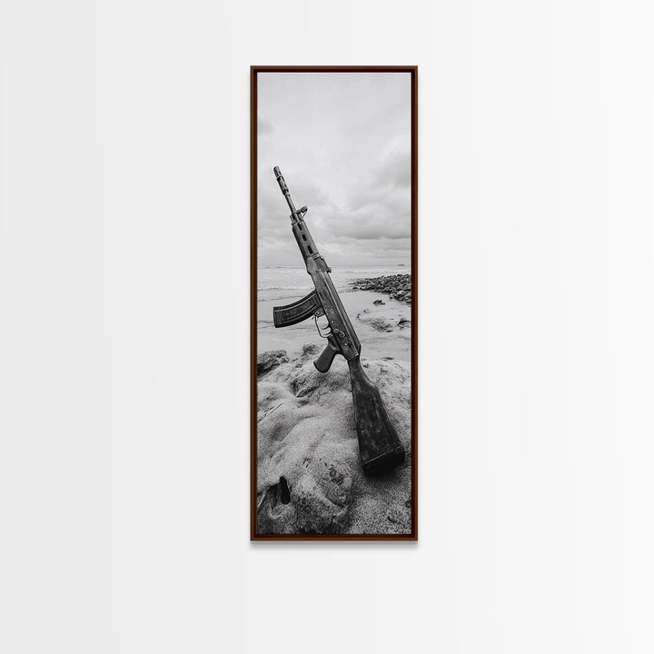 War Relic, AK Rifle, Surreal Beach Scene, Framed Canvas Print, Bold Statement Art, Bachelor Pad or Office Decor, Rustic Industrial Style