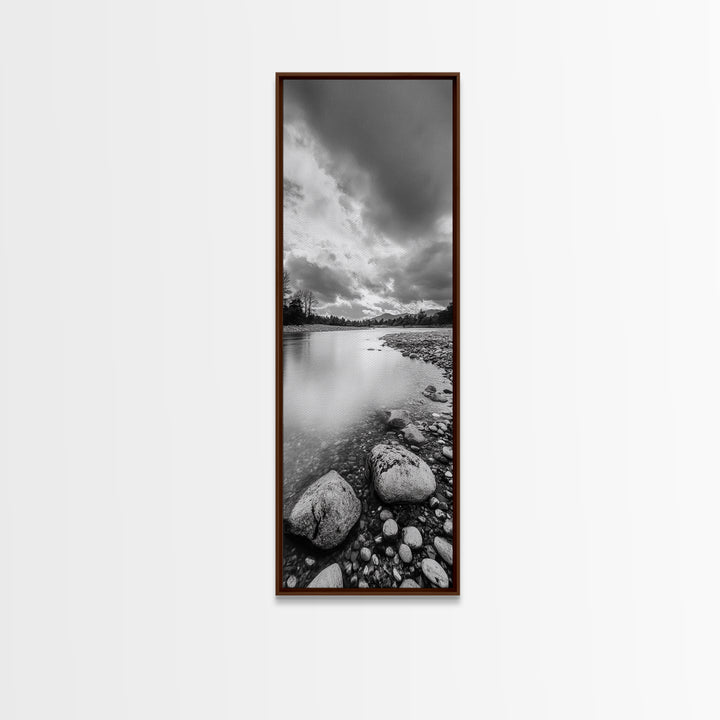 Rocky River, Serene Stream, Nature Calm, Monochrome Landscape, Framed Canvas Print Rustic Wall Decor, Modern Bathroom Art, Minimalist Style