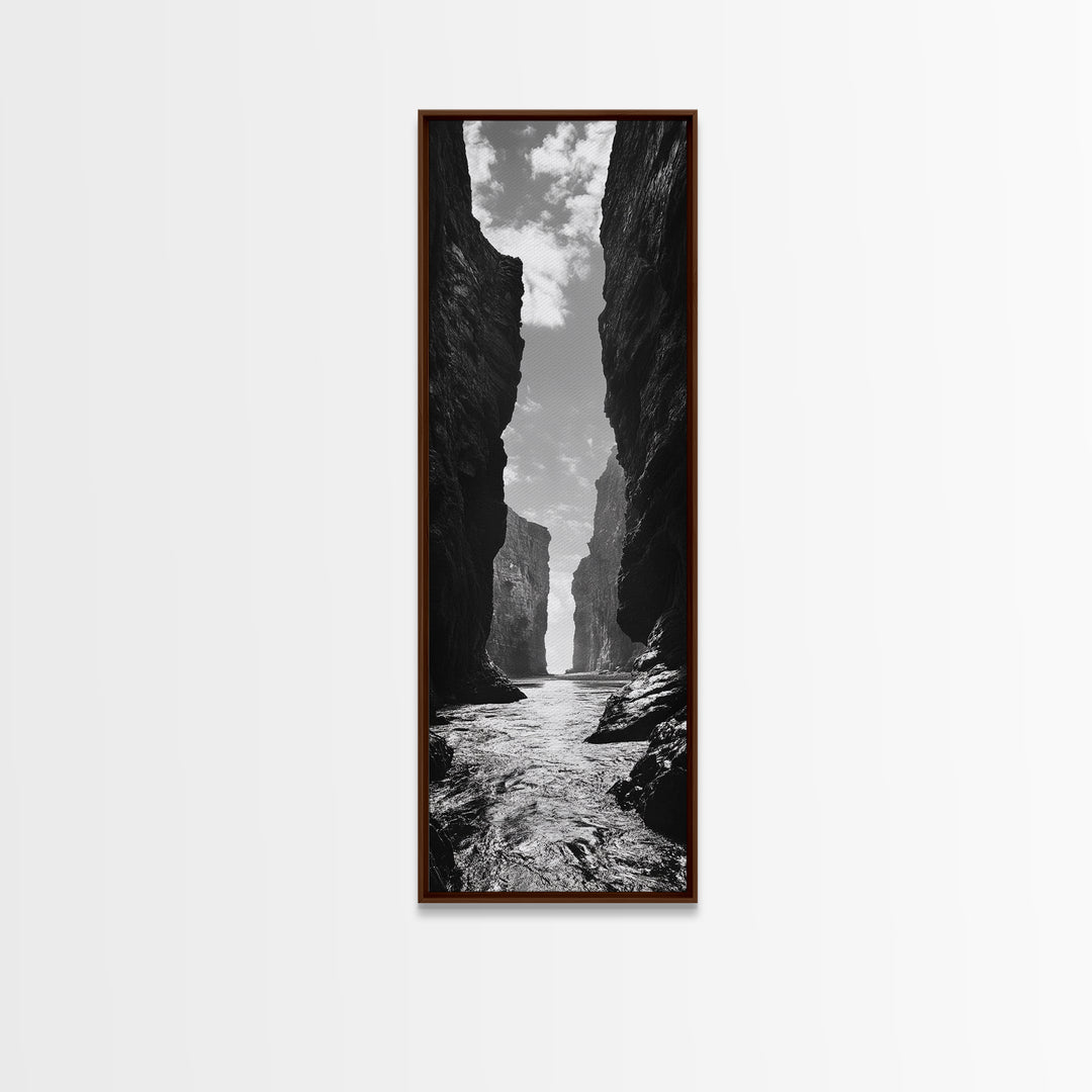 Coastal Canyon, Ocean Passage, Black White Art, Vertical Nature Scene, Framed Canvas Print Entryway Wall Art, Landscape Minimalist Decor