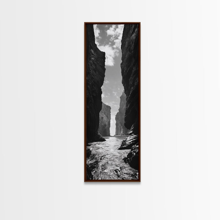 Coastal Canyon, Ocean Passage, Black White Art, Vertical Nature Scene, Framed Canvas Print Entryway Wall Art, Landscape Minimalist Decor