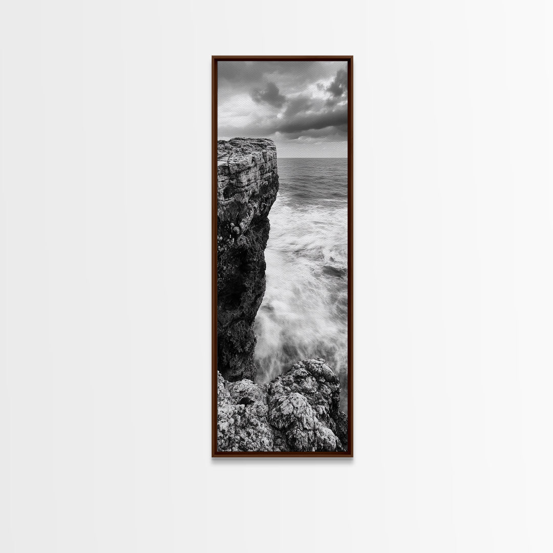 Cliffside Ocean, Storm Waves, Dramatic Coast, Monochrome Rocks, Framed Canvas Print Bathroom Wall Art, Minimalist Nautical Style, Coastal Decor