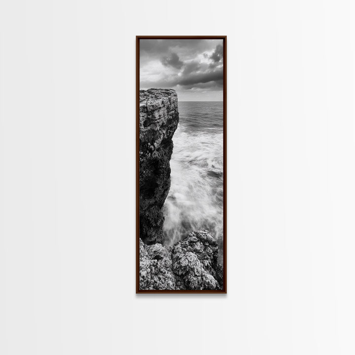 Cliffside Ocean, Storm Waves, Dramatic Coast, Monochrome Rocks, Framed Canvas Print Bathroom Wall Art, Minimalist Nautical Style, Coastal Decor