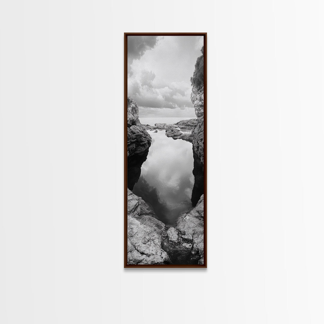 Tide Pool, Coastal Reflection, Tranquil Cove, Cloudy Sky, Framed Canvas Print Zen Bathroom Art, Minimalist Nature Wall Decor, Neutral Modern Style